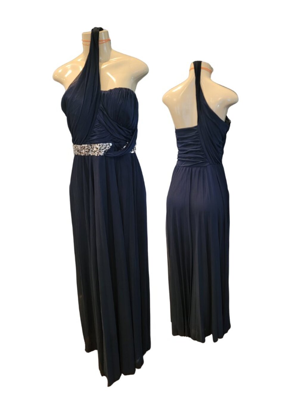 DEB Formal Floor Length Pleated One Shoulder Embellished Evening Gown/Dress Blue